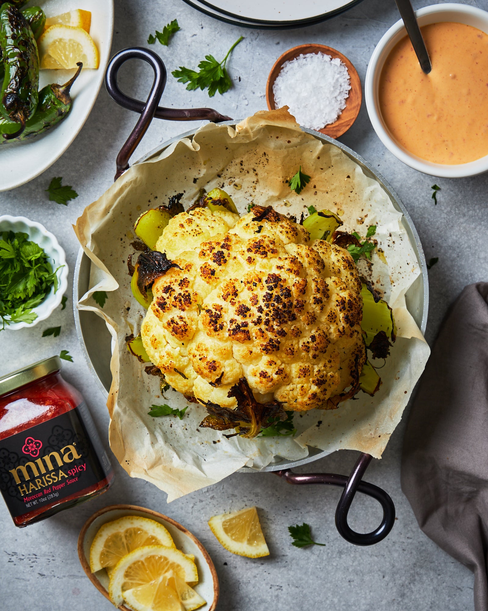 Whole Roasted Cauliflower with Harissa Tahini Sauce